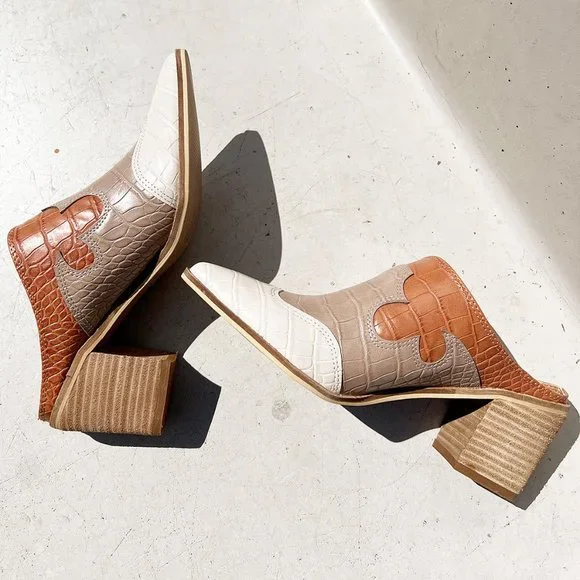 NEW Western Croc Embossed Colorblock Pointy Toe Block Heel Slip On Mules Shoes - Picture 6 of 13